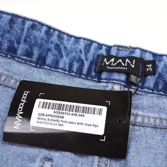 BoohooMan Skinny Butterfly Print Ripped Jeans - Picture 7 of 7